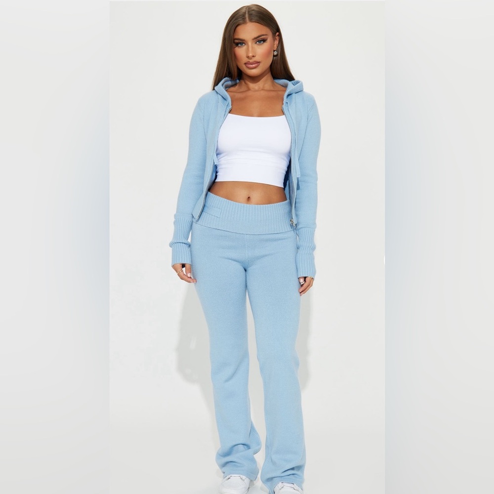 Light Blue Ribbed Knit Sweater and Pants Set